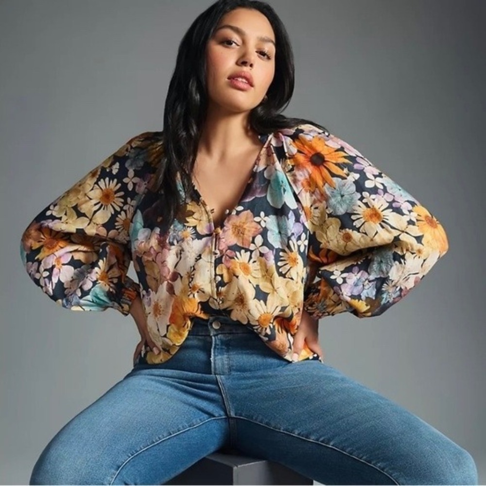Moxy Collective Maeve Blouse Women XS Multicolor Floral Linen Peasant Ruffle Top